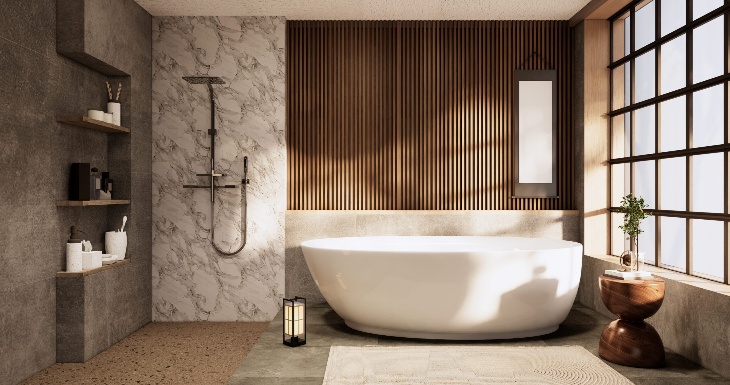 The Bath and toilet on bathroom japanese wabi sabi style .3D rendering